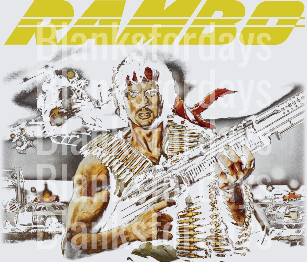 Rambo Action Hero Retro Movie Poster Art with Machine Gun (DTF)