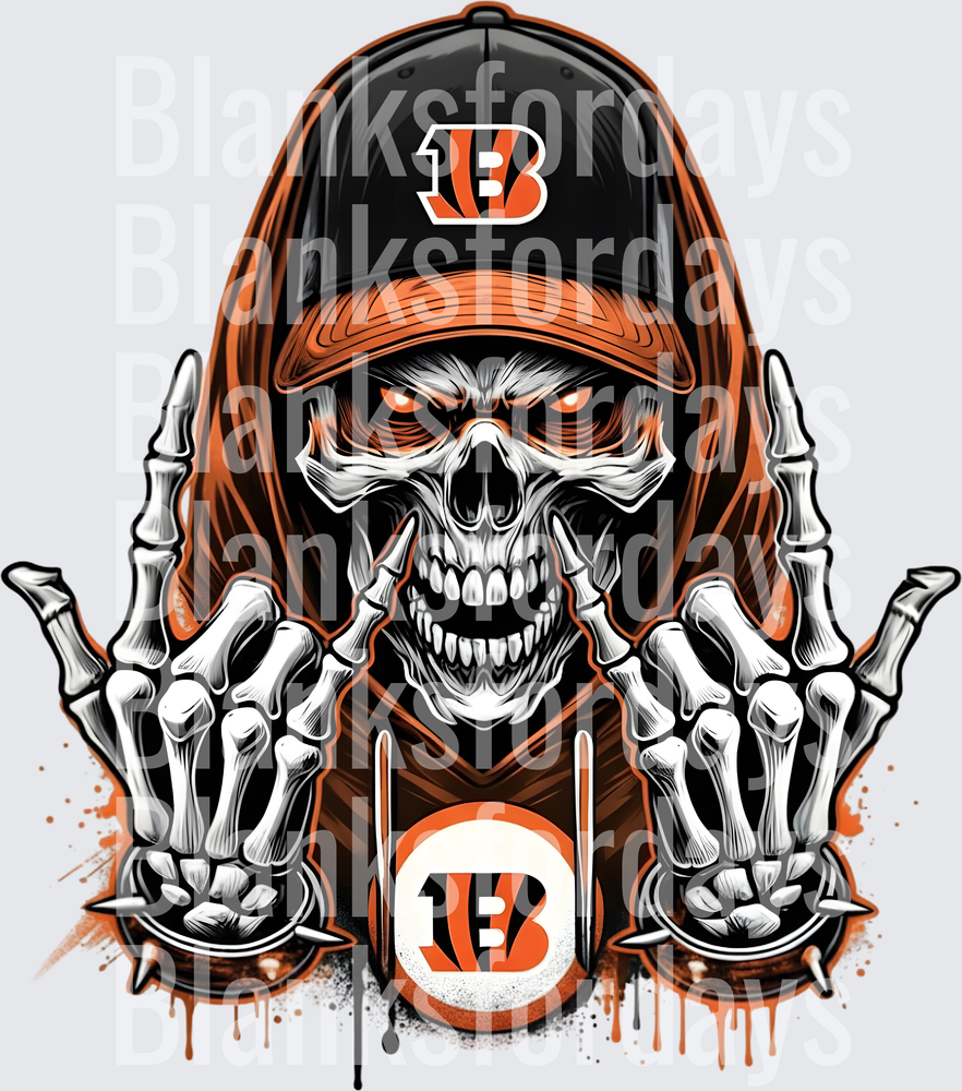 Cincinnati Bengals Skull Skeleton Hands Rock On Logo (DTF)