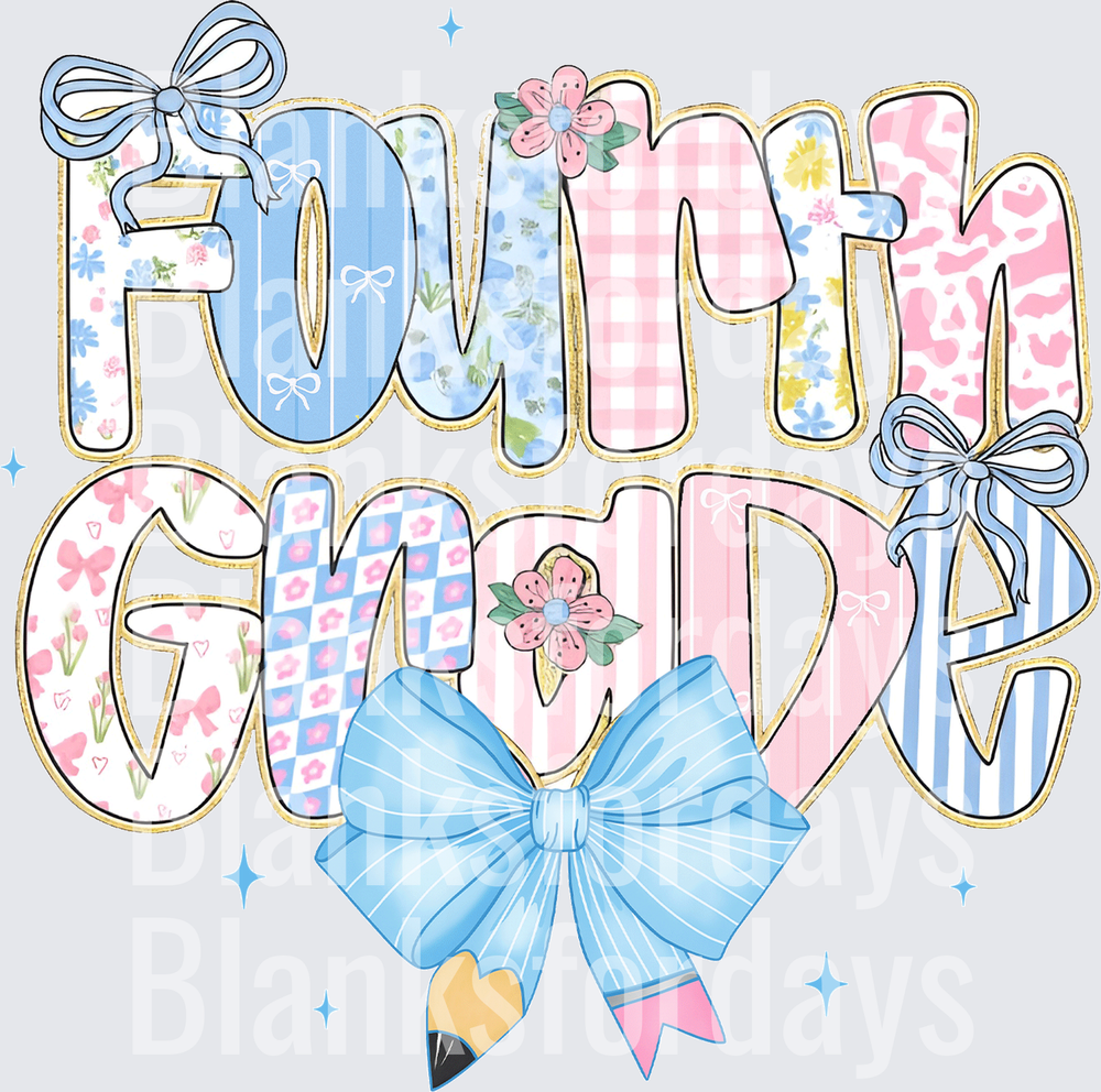 Fourth Grade Patterned Letters Blue Bow Pencil Floral Design (DTF)