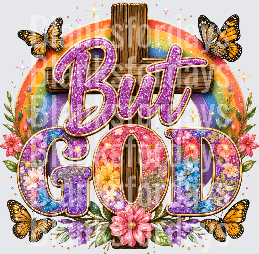 But God Glitter Floral Cross Rainbow Monarch Butterflies (DTF)