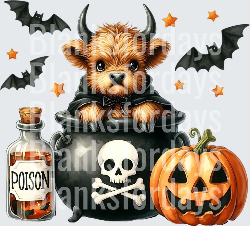 Cute Halloween Highland Cow Devil in Cauldron with Bats (DTF)