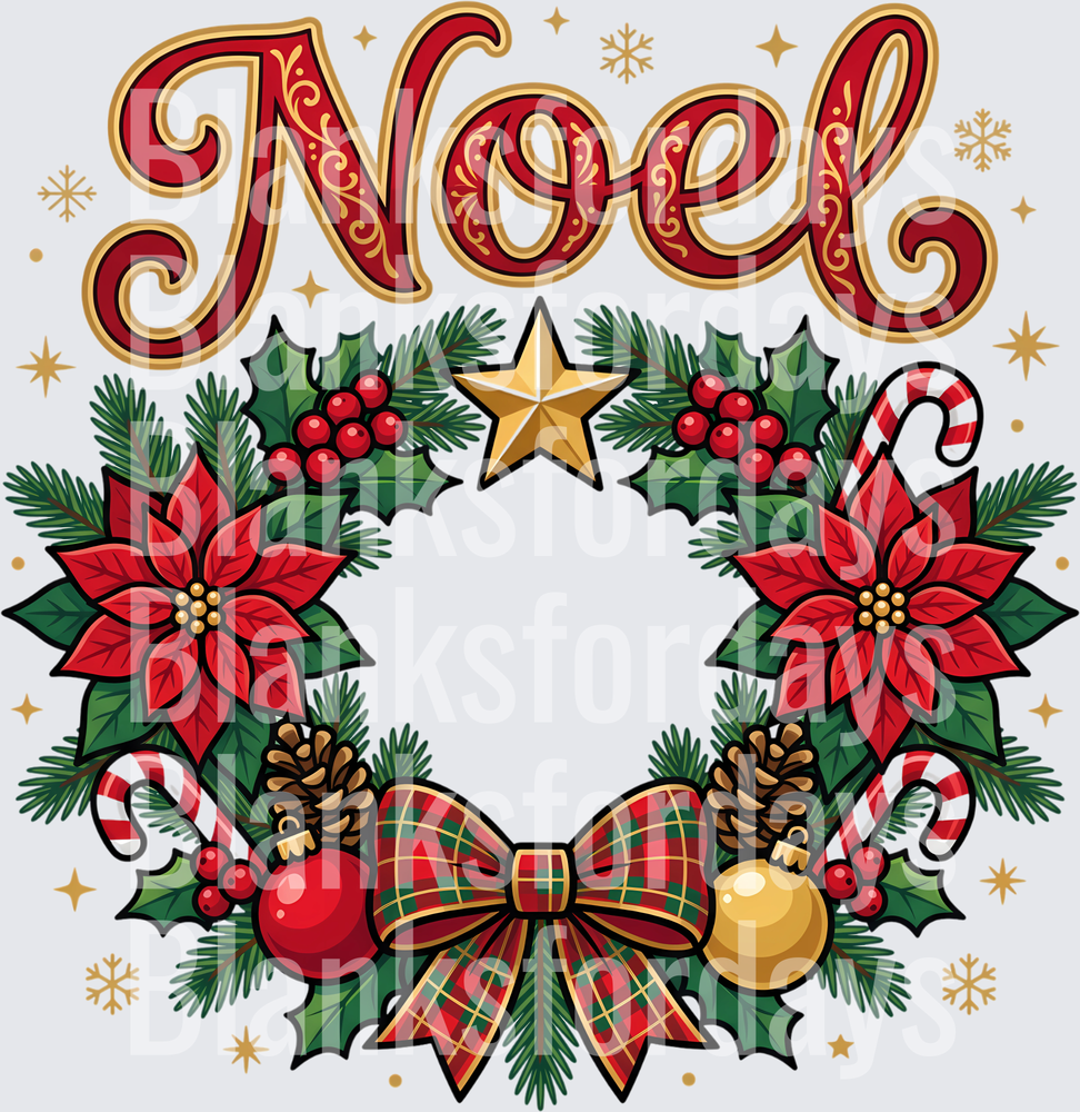 Noel Christmas Wreath Poinsettia Plaid Bow Gold Star (DTF)