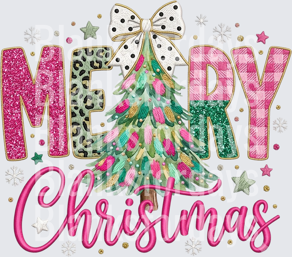 Merry Christmas Pink Glitter Leopard Plaid Tree Coquette Bow (DTF)