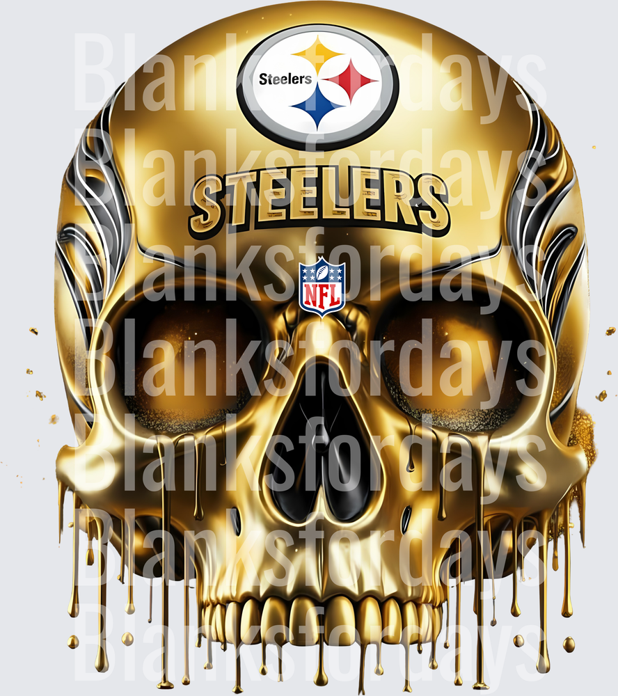 Pittsburgh Steelers Gold Dripping Metallic Skull NFL Logo (DTF)