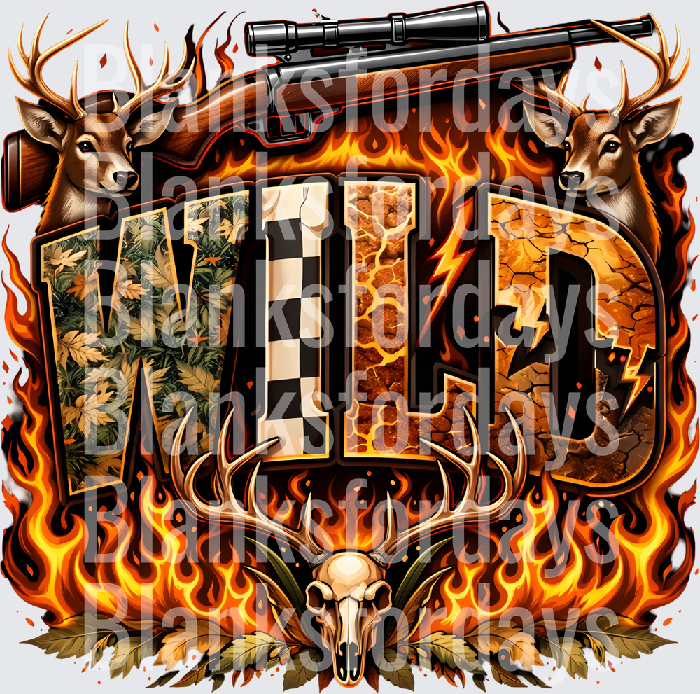 WILD Flaming Hunting Design Deer Skull Rifle Buck Flames (DTF)