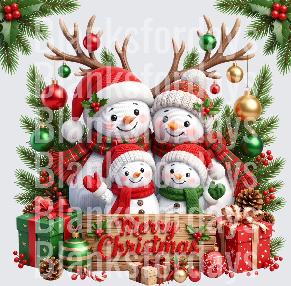 Merry Christmas Snowman Family with Reindeer Antlers Sign (DTF)