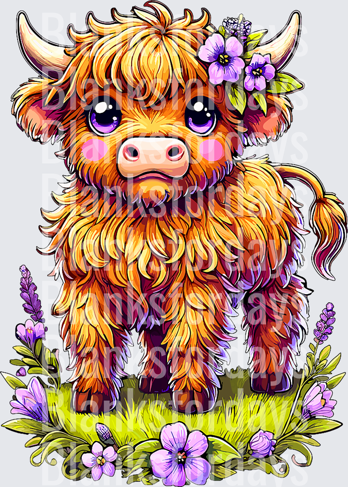 Cute Baby Highland Cow with Purple Flowers and Big Eyes (DTF)