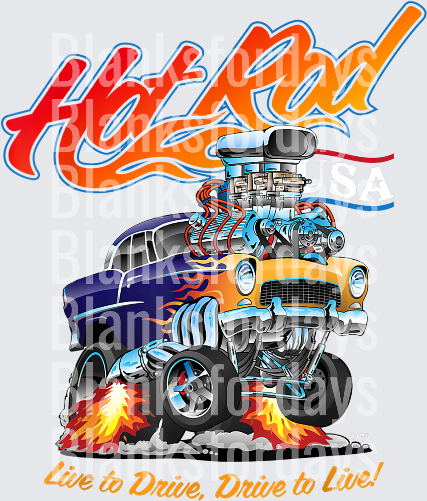 Hot Rod USA Live to Drive Cartoon Muscle Car with Blower Engine (DTF)