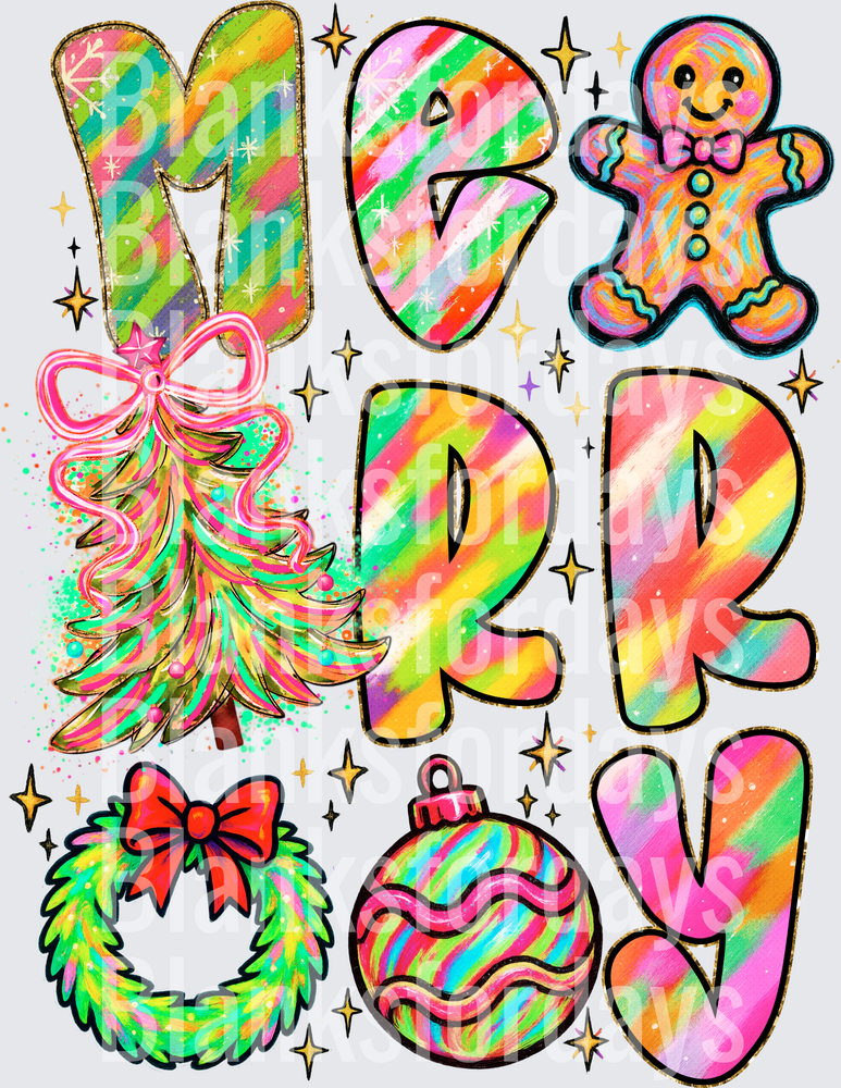 Merry Christmas Colorful Rainbow Stripe Letters Holiday Icons (DTF)