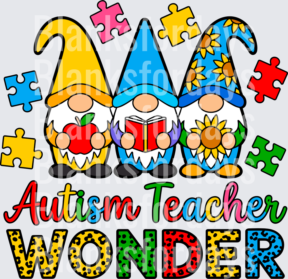 Autism Teacher Wonder Gnomes with Puzzle Pieces Sunflower (DTF)