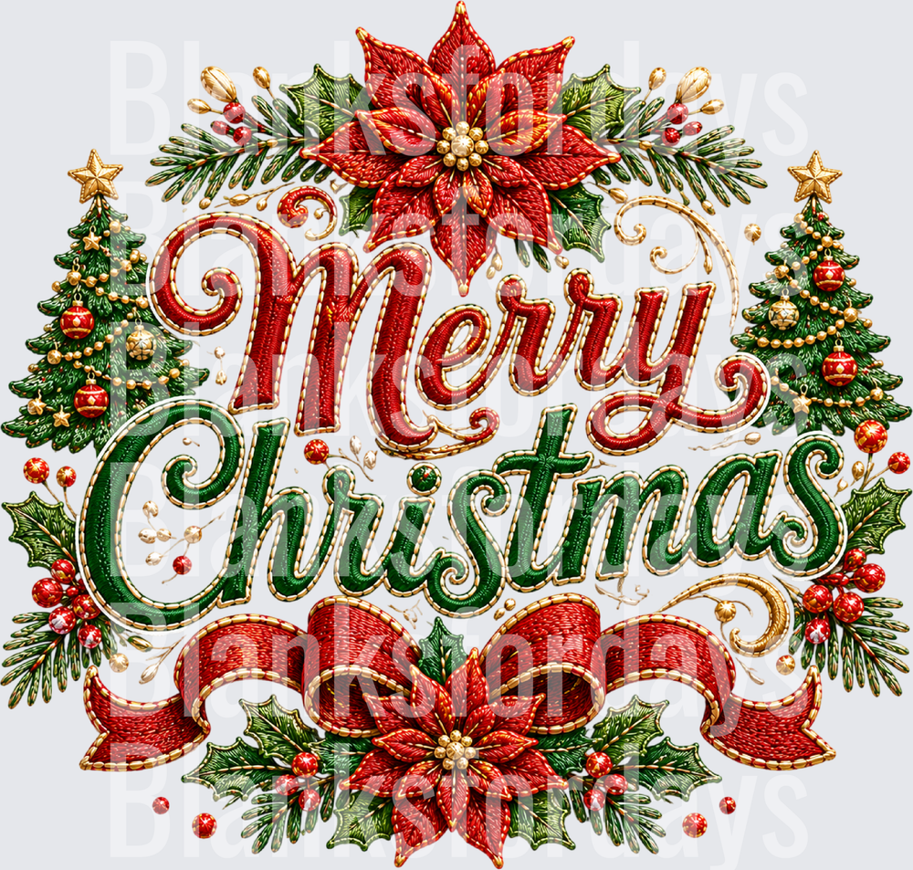 Merry Christmas Embroidery Style Poinsettia Holiday Design (DTF)