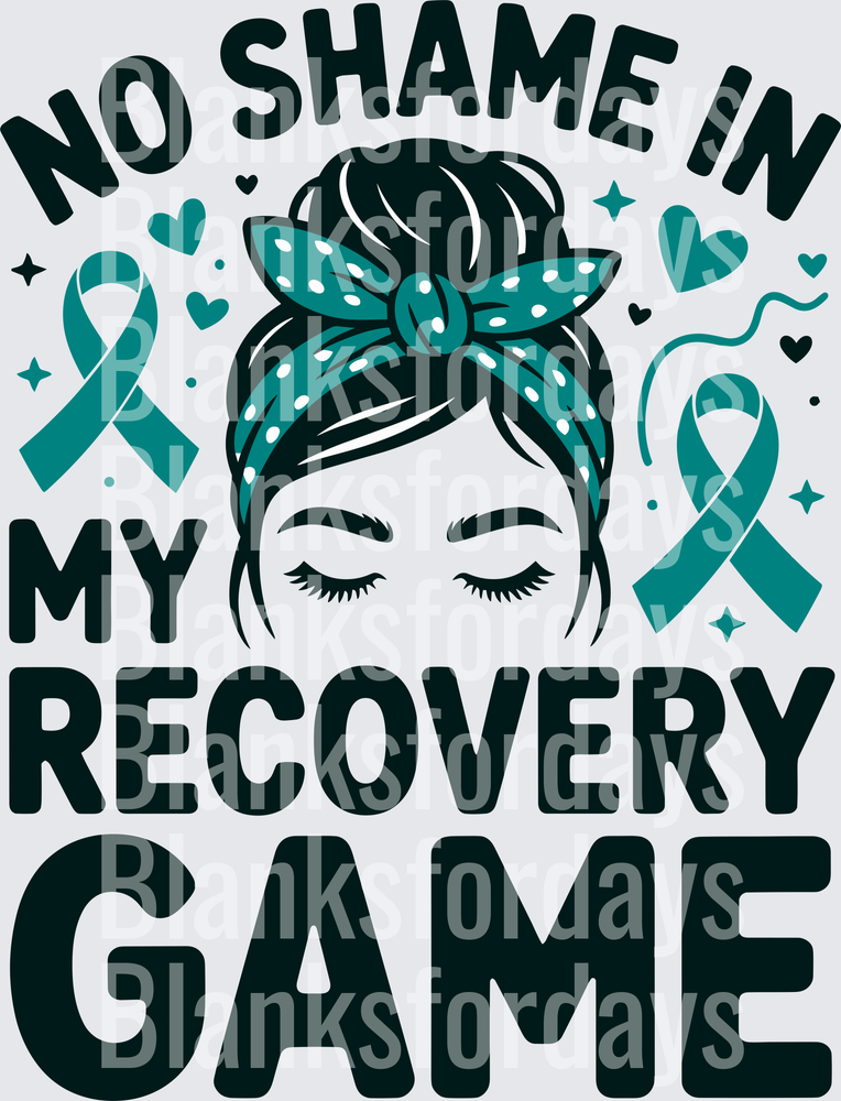 No Shame In My Recovery Game Teal Ribbon Messy Bun Woman (DTF)