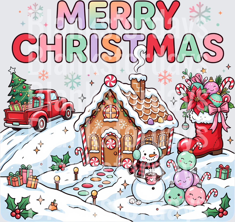 Merry Christmas Gingerbread House Snowman Winter Scene (DTF)