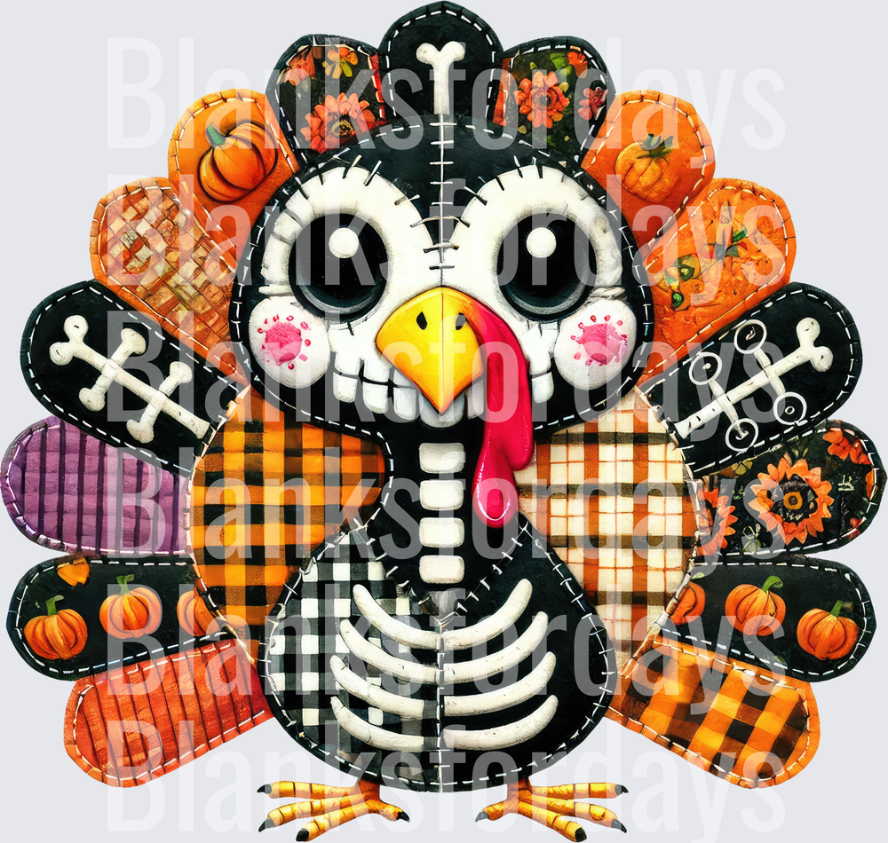 Skeleton Turkey Patchwork Quilt Halloween Thanksgiving (DTF)