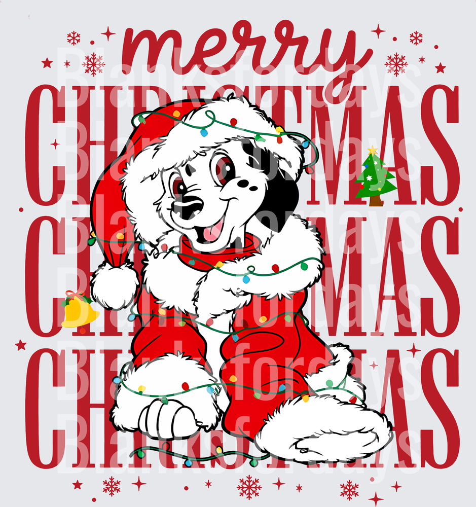 Merry Christmas Dalmatian Puppy Santa Tangled in Lights (DTF)