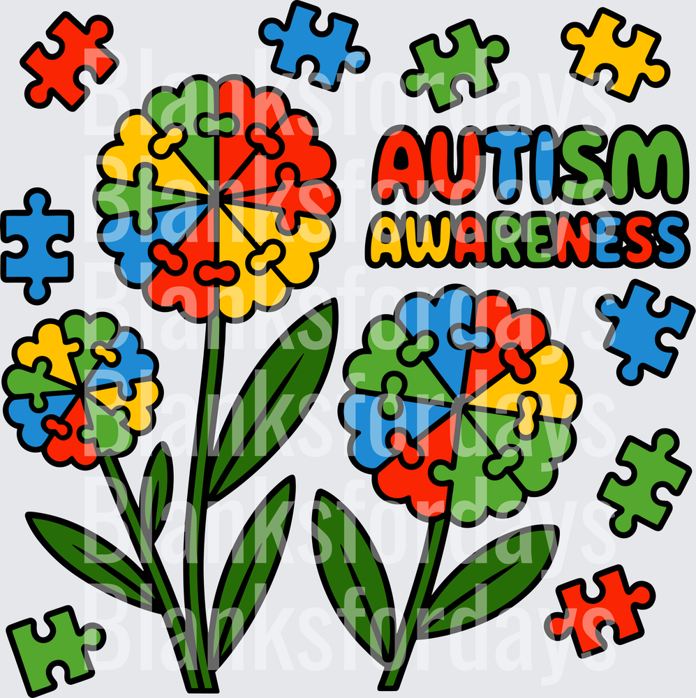Autism Awareness Puzzle Piece Flowers Colorful Bouquet (DTF)