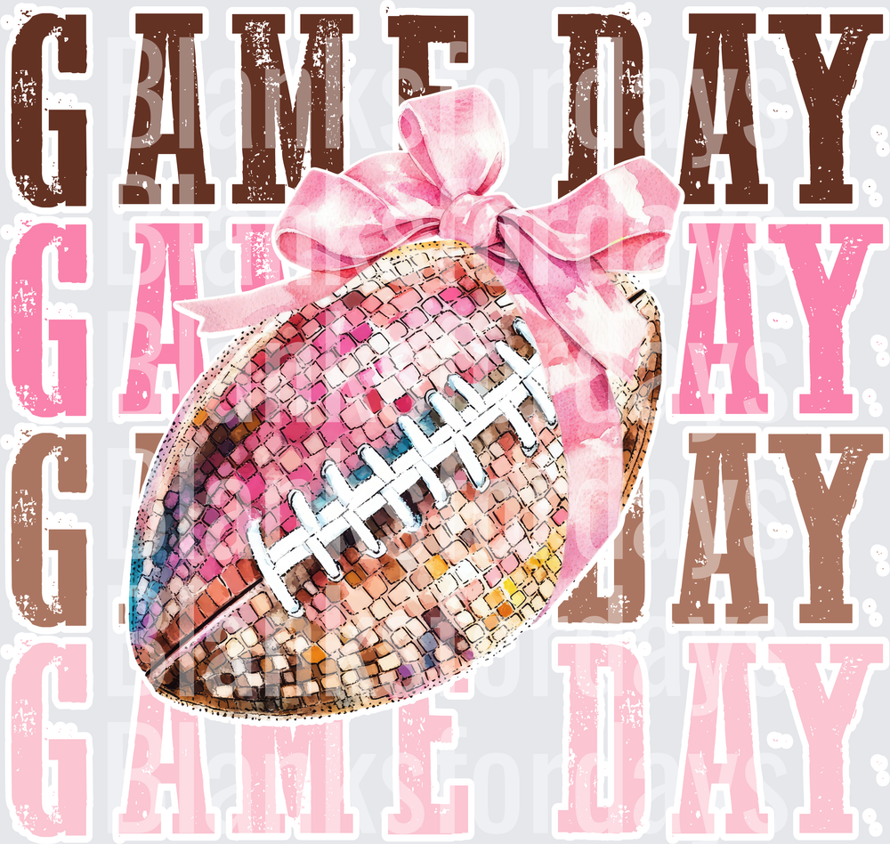 Game Day Disco Ball Football Pink Bow Stacked Text (DTF)