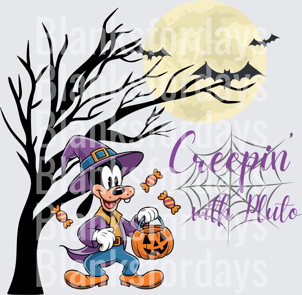 Goofy Halloween Witch Creepin With My Crew Full Moon Bats (DTF)