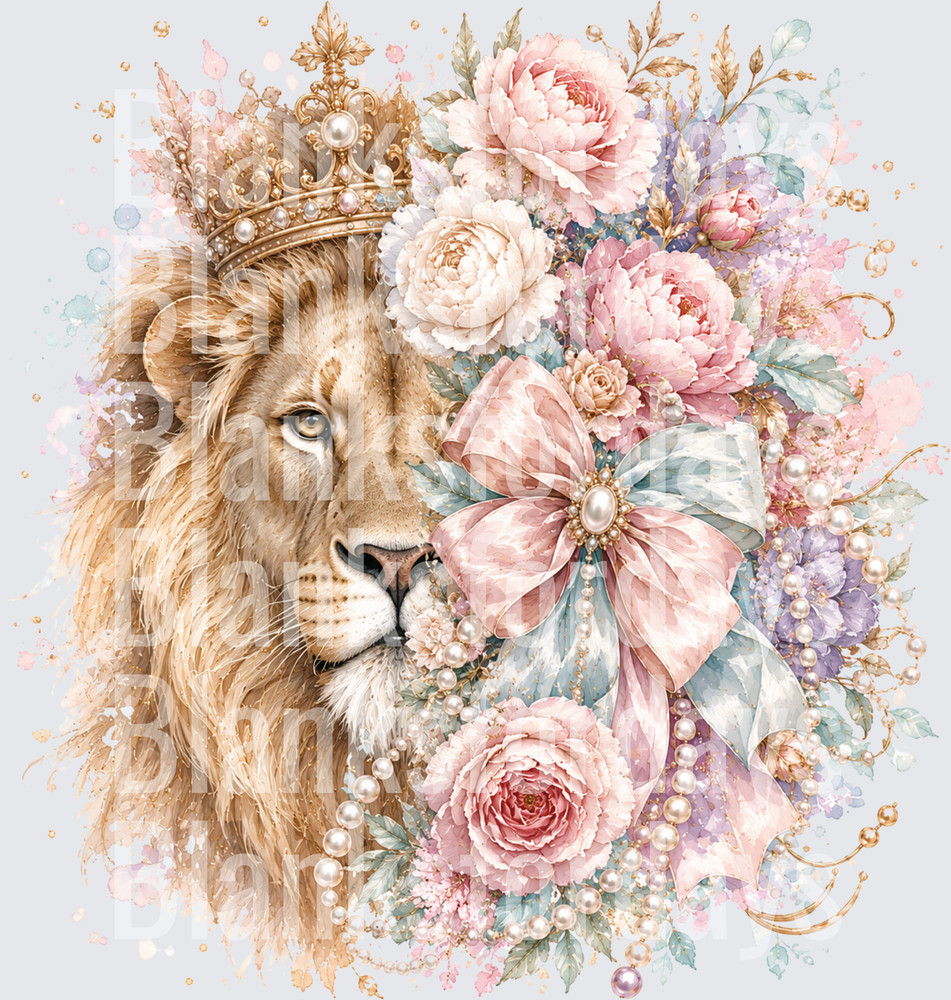 Regal Crown Lion with Pastel Florals Pearls and Pink Bow (DTF)