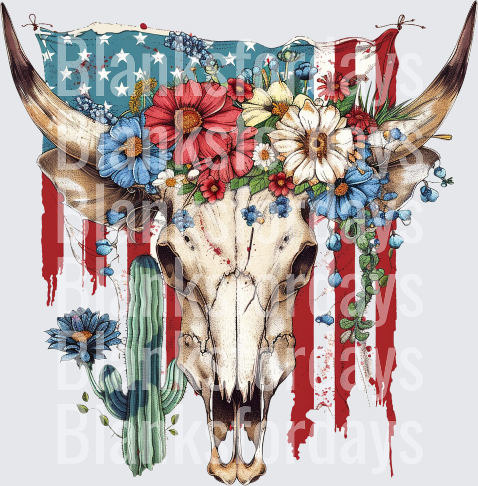 Patriotic Bull Skull Floral Cactus American Flag Western (DTF)