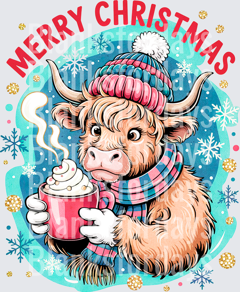 Merry Christmas Highland Cow Hot Cocoa Winter Beanie (DTF)