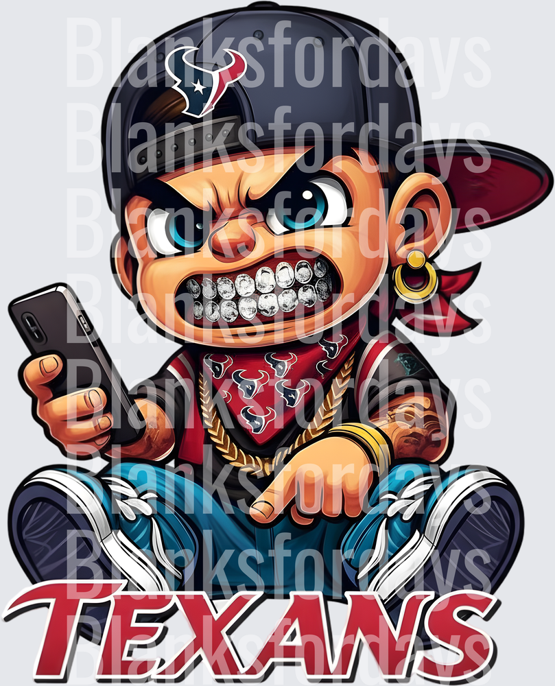 Houston Texans Gangster Thug Cartoon Fan Boy with Phone (DTF)