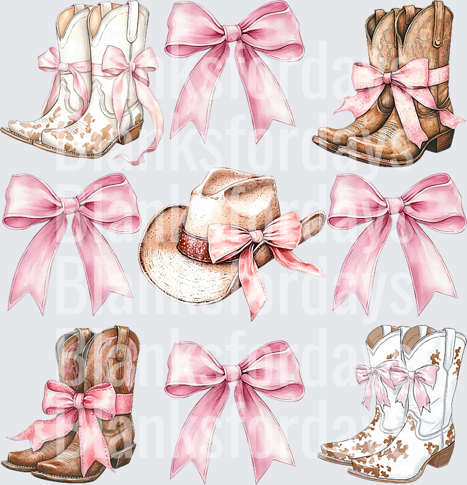 Coquette Cowgirl Pink Bows Boots and Hat Watercolor Set (DTF)