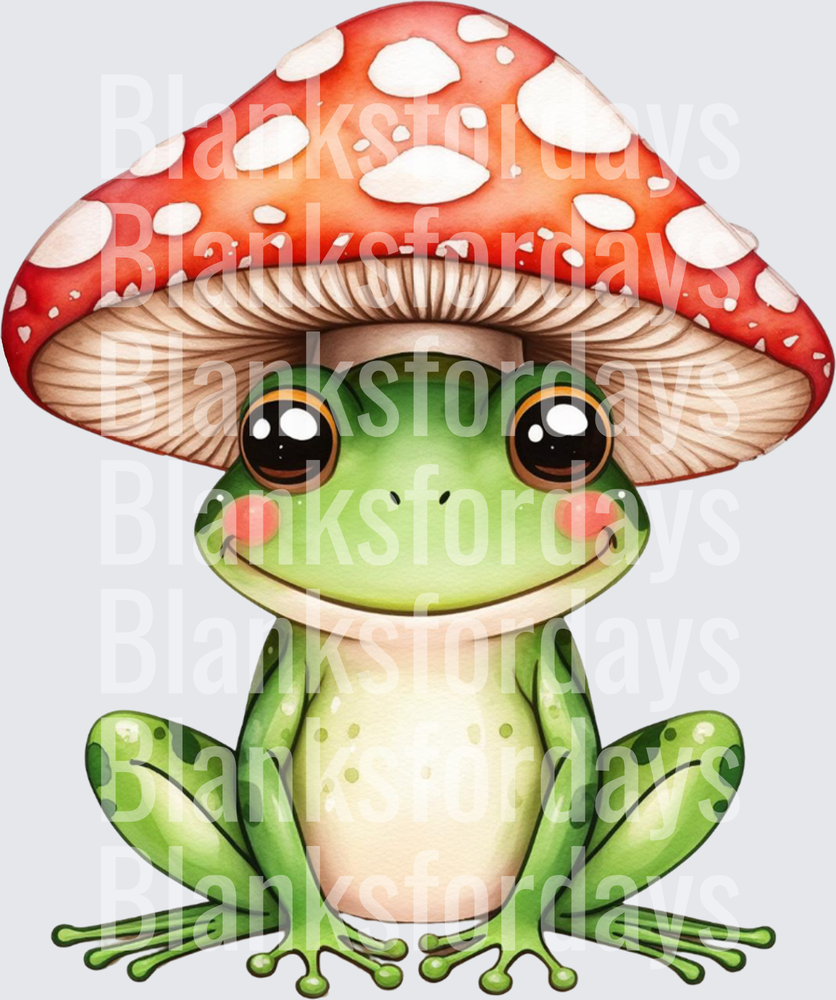Cute Green Frog Wearing Red Mushroom Hat Watercolor (DTF)