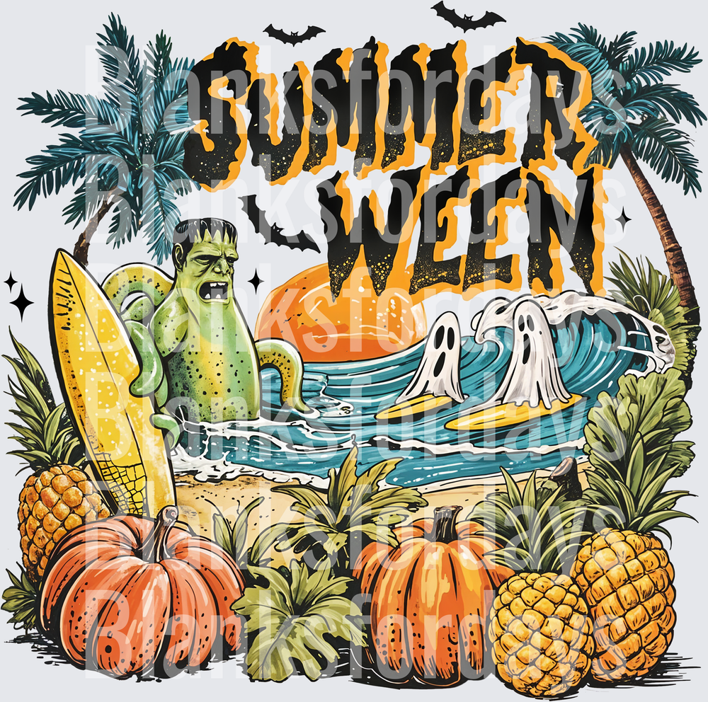 Summerween Frankenstein Beach Scene with Ghosts and Pumpkins (DTF)