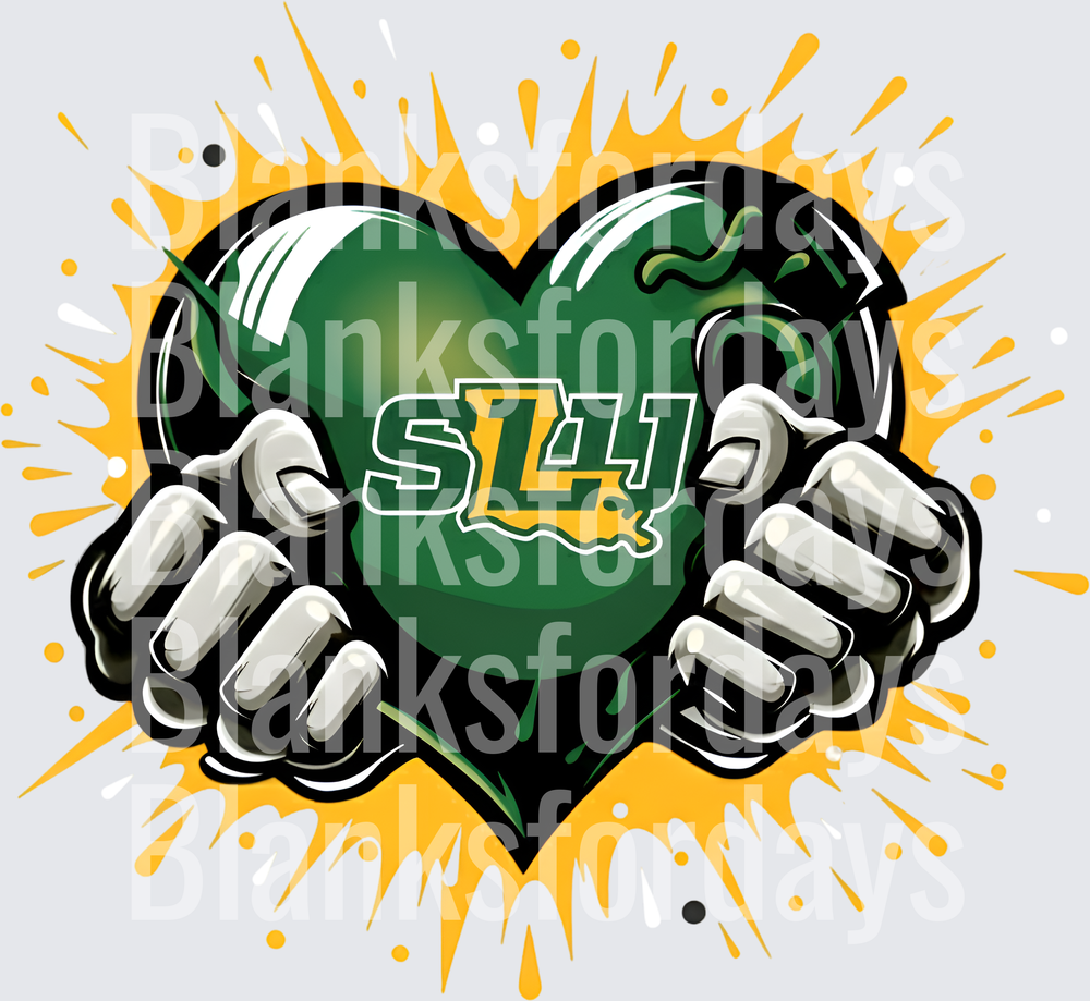 SLU Lions Green Heart Hands Gold Splatter Spirit Design (DTF)