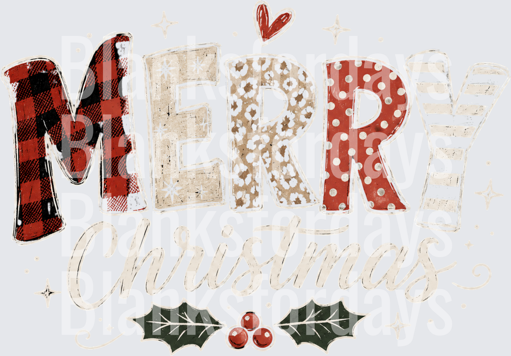 Merry Christmas Mixed Pattern Letters Holly Berry Design (DTF)