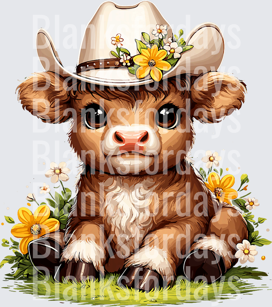 Cute Baby Highland Cow Cowboy Hat Yellow Wildflowers (DTF)