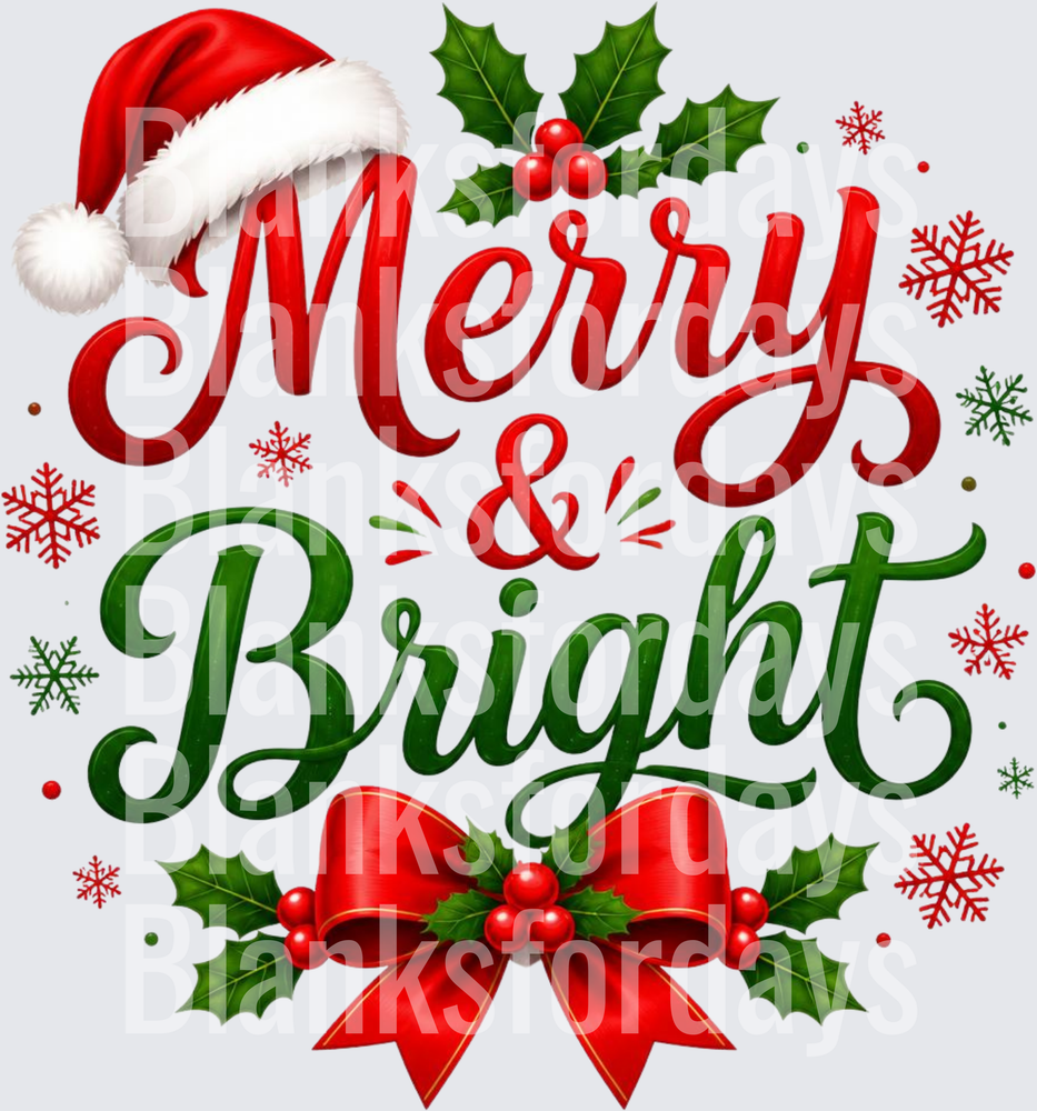 Merry & Bright Santa Hat Holly Bow Snowflakes Christmas (DTF)