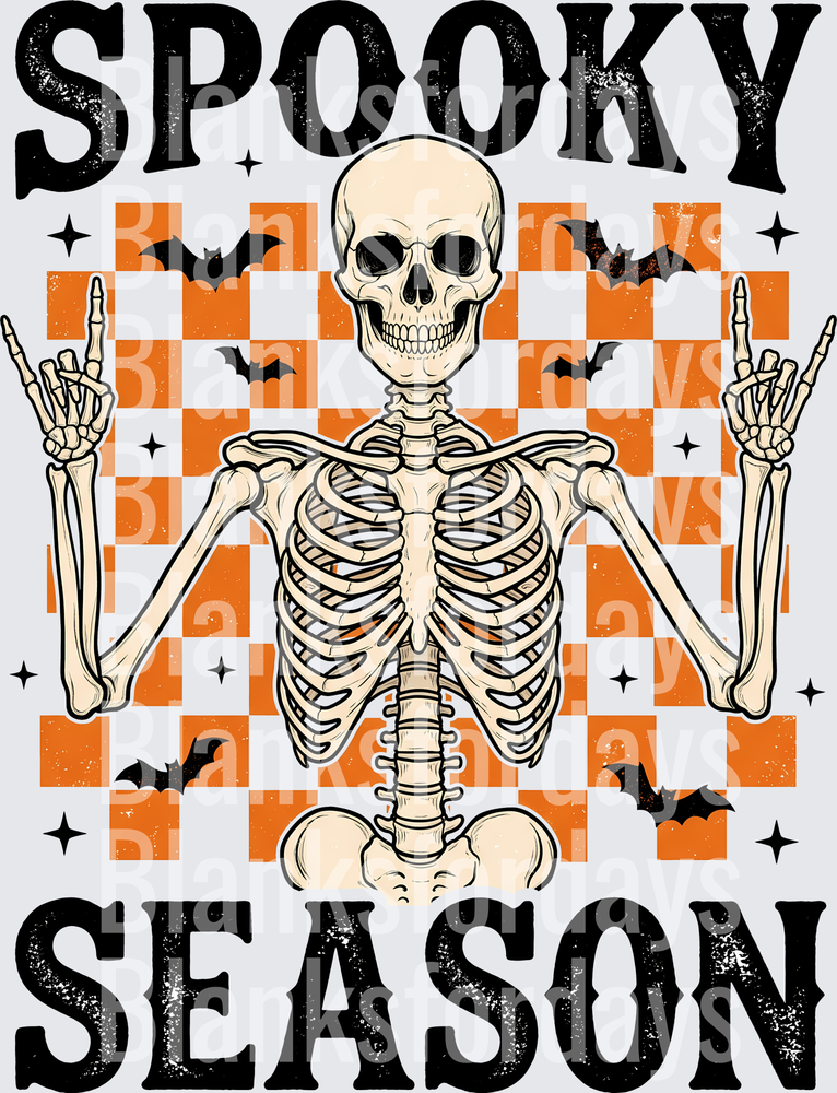 Spooky Season Skeleton Rock Hand Sign Orange Checker Bats (DTF)