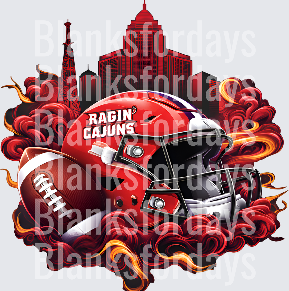 Louisiana Ragin Cajuns Football Helmet Fire Skyline Design (DTF)