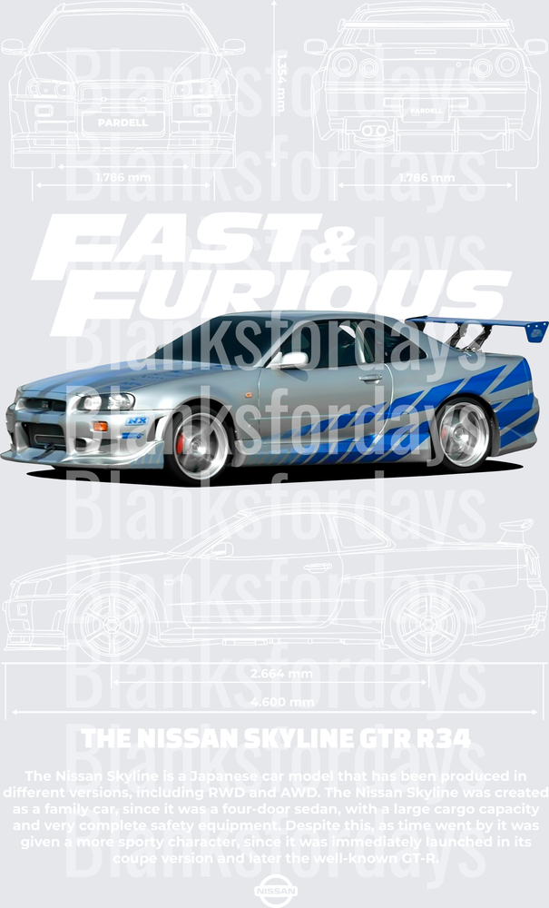 Fast & Furious Nissan Skyline GTR R34 Blueprint Design (DTF)