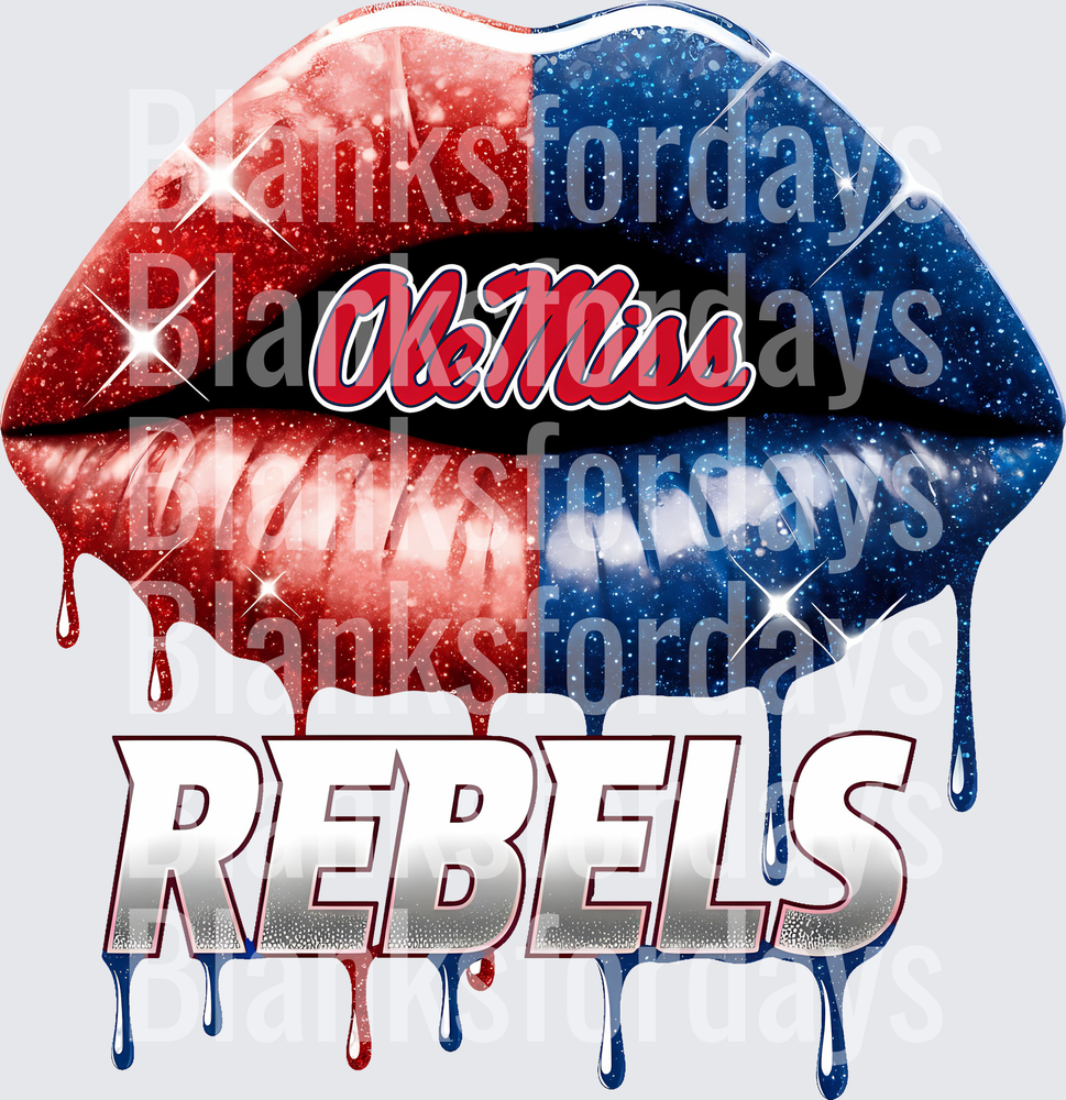 Ole Miss Rebels Dripping Glitter Lips Red Blue Split Design (DTF)
