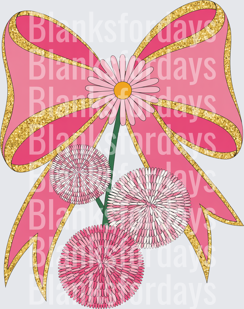 Pink Daisy Dandelion Bouquet with Gold Glitter Coquette Bow (DTF)