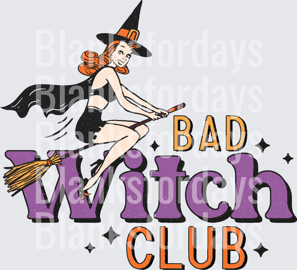 Bad Witch Club Retro Pin-Up Witch on Broomstick Halloween (DTF)