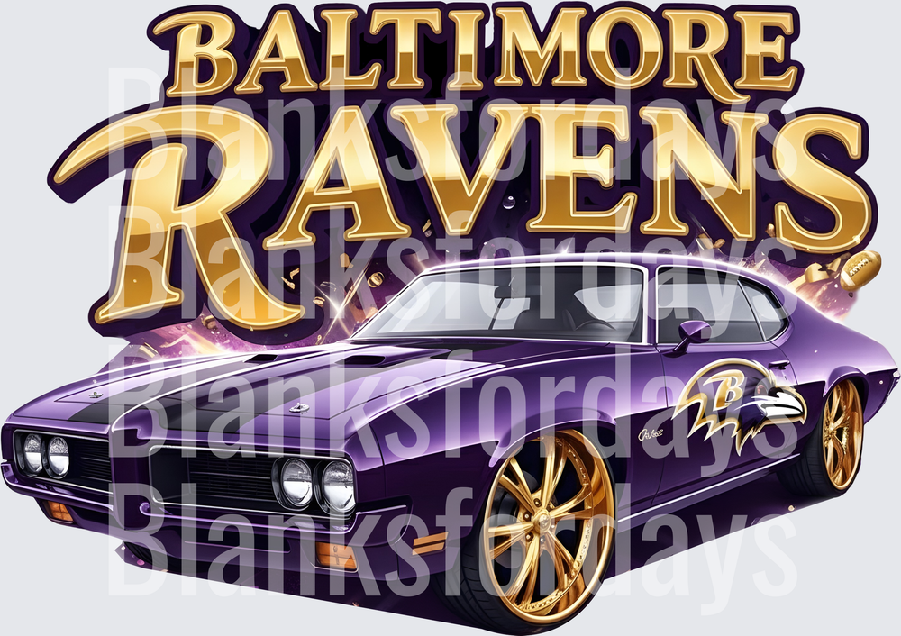 Baltimore Ravens Purple Muscle Car Gold Wheels NFL Design (DTF)