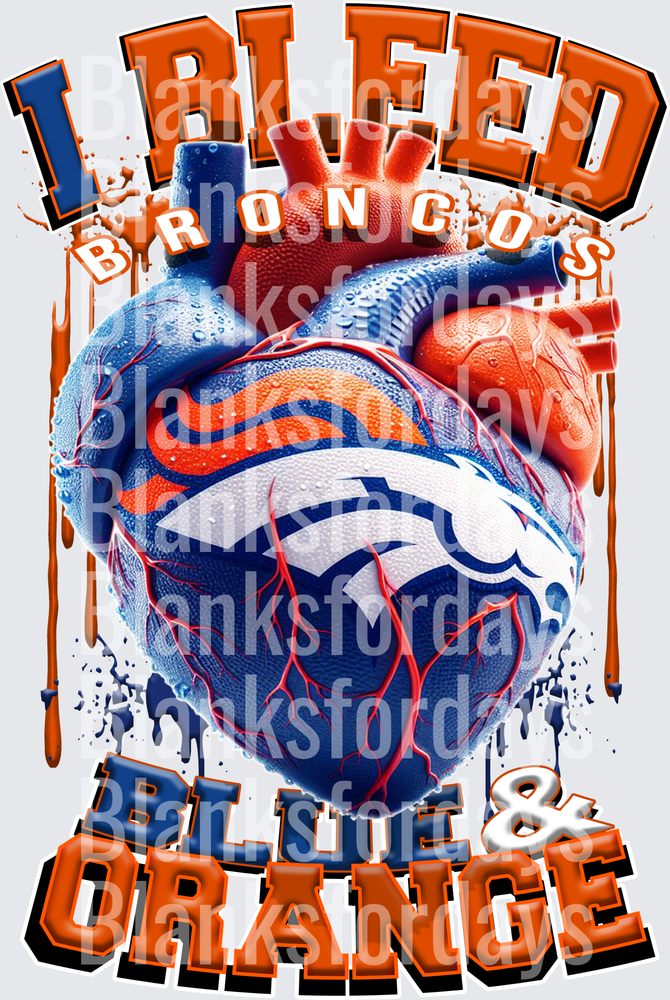 I Bleed Broncos Blue & Orange Anatomical Heart Football (DTF)