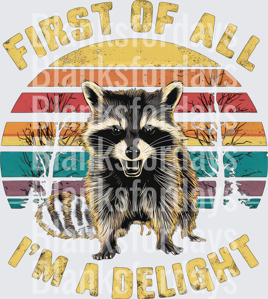 First Of All I'm A Delight Funny Raccoon Retro Vintage (DTF)