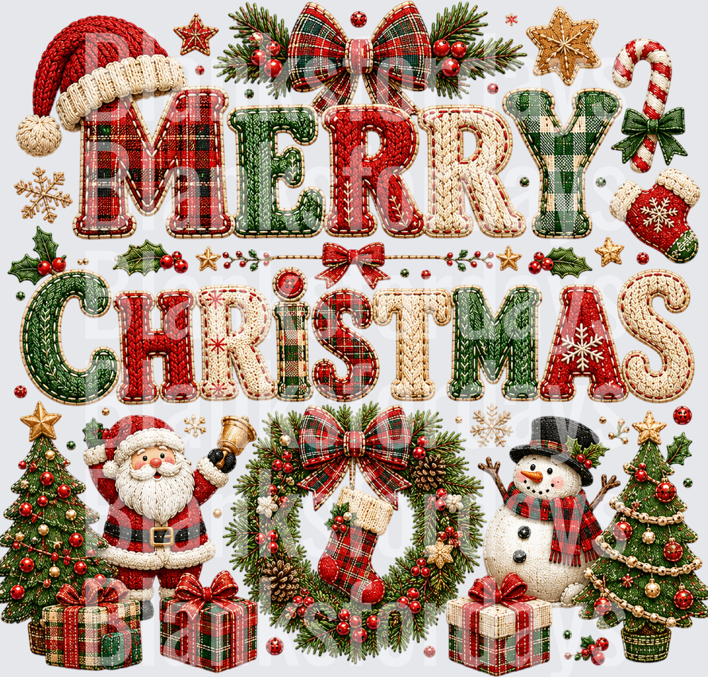 Merry Christmas Plaid Knit Letters Santa Snowman Holiday Scene (DTF)