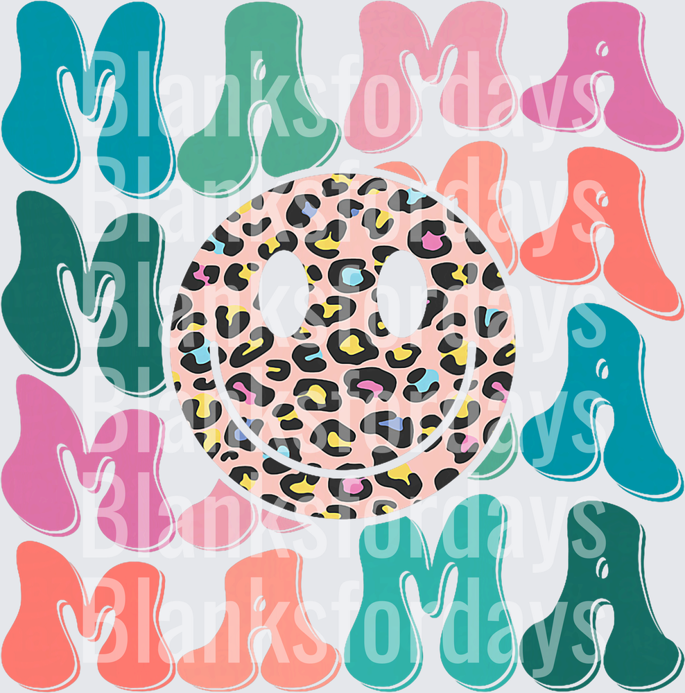 Retro Mama Repeat Leopard Print Smiley Face Colorful Letters (DTF)