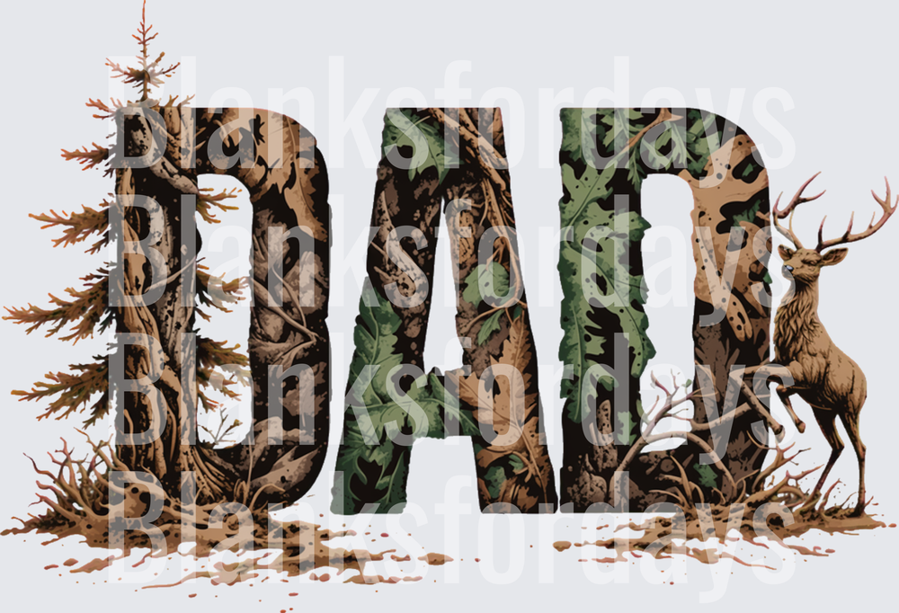 DAD Camo Woodland Letters Buck Deer Pine Tree Design (DTF)