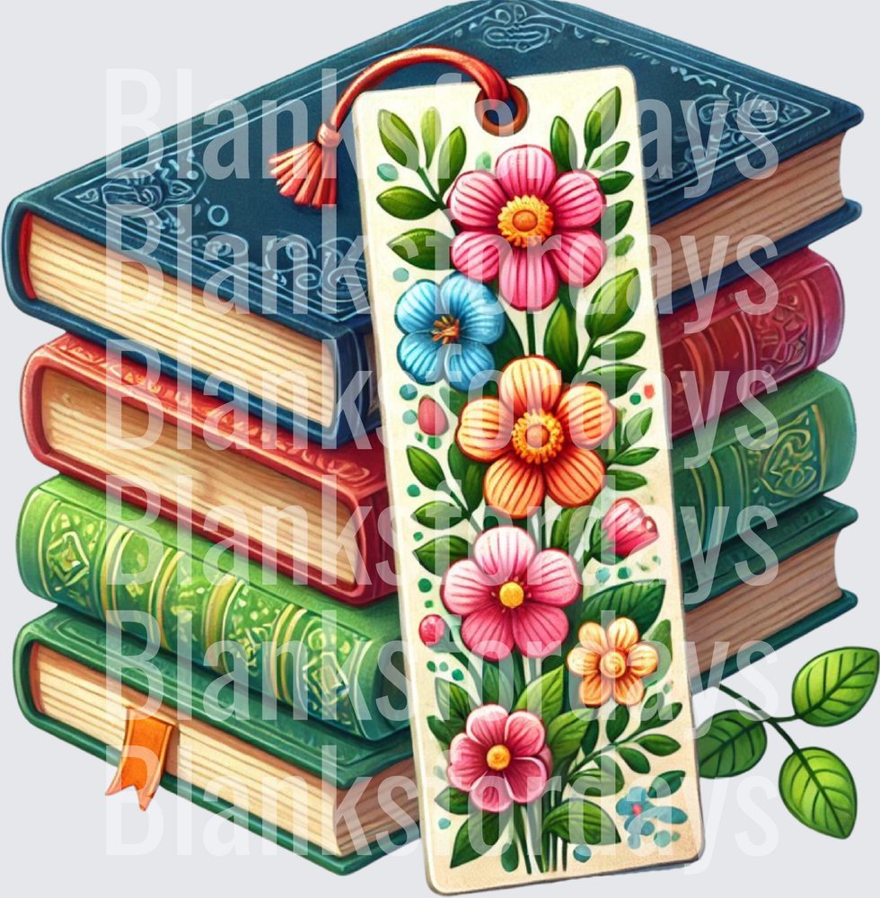 Floral Bookmark with Tassel and Stacked Vintage Books (DTF)