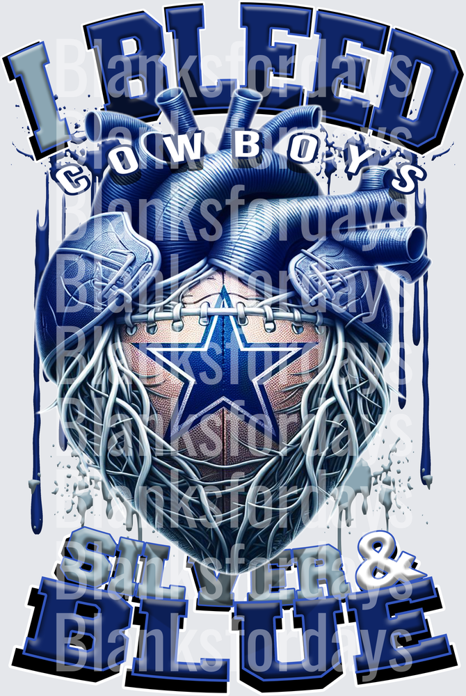 I Bleed Cowboys Silver & Blue Anatomical Heart Football (DTF)