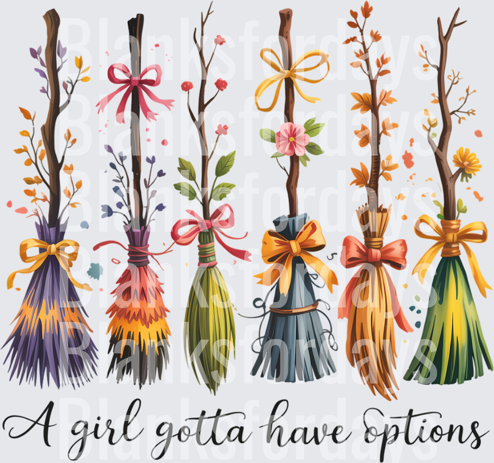A Girl Gotta Have Options Colorful Witch Brooms Collection (DTF)