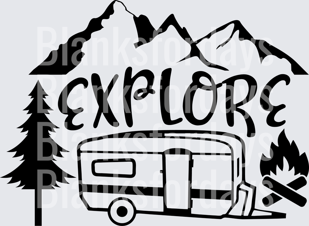 Explore Mountain Camping Trailer Campfire Pine Trees (DTF)