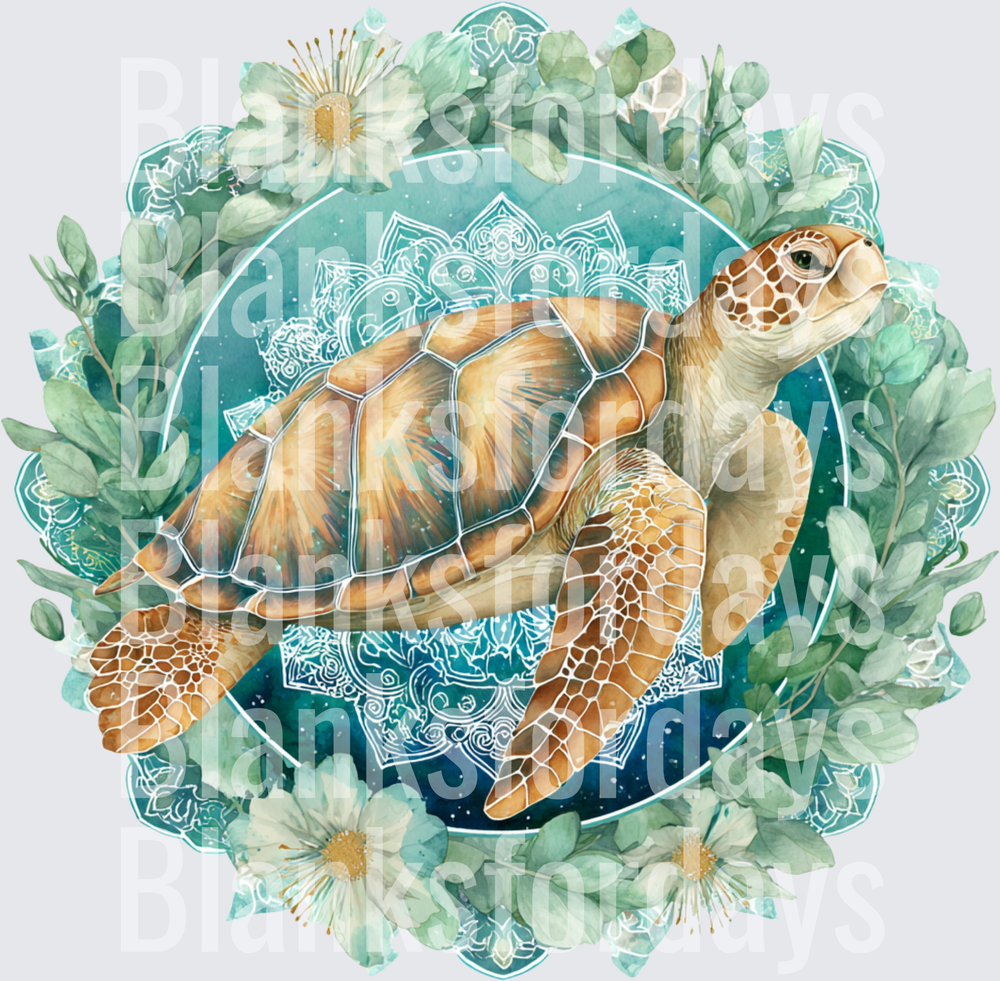 Watercolor Sea Turtle Mandala Floral Wreath Teal Ocean (DTF)
